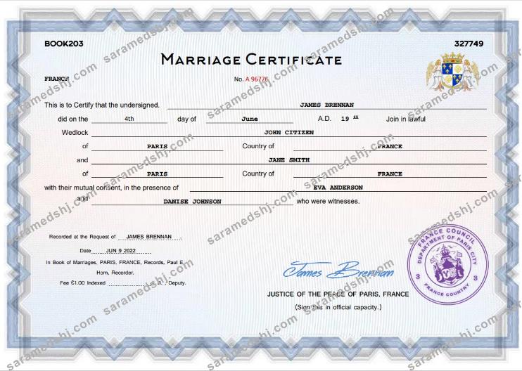 France marriage certificate Word and PDF template